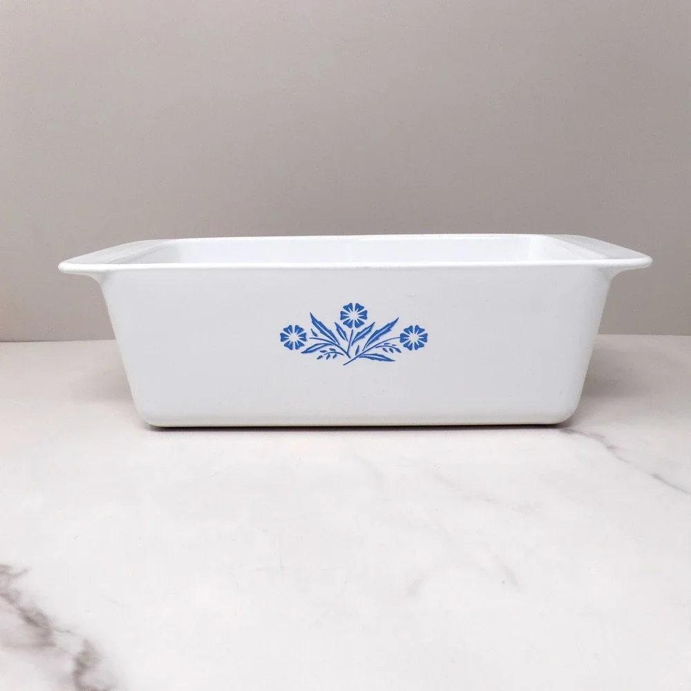 Vintage Corning Ware Loaf Pan, 2 QT, White Pyroceram, Blue Cornflower P-315-B